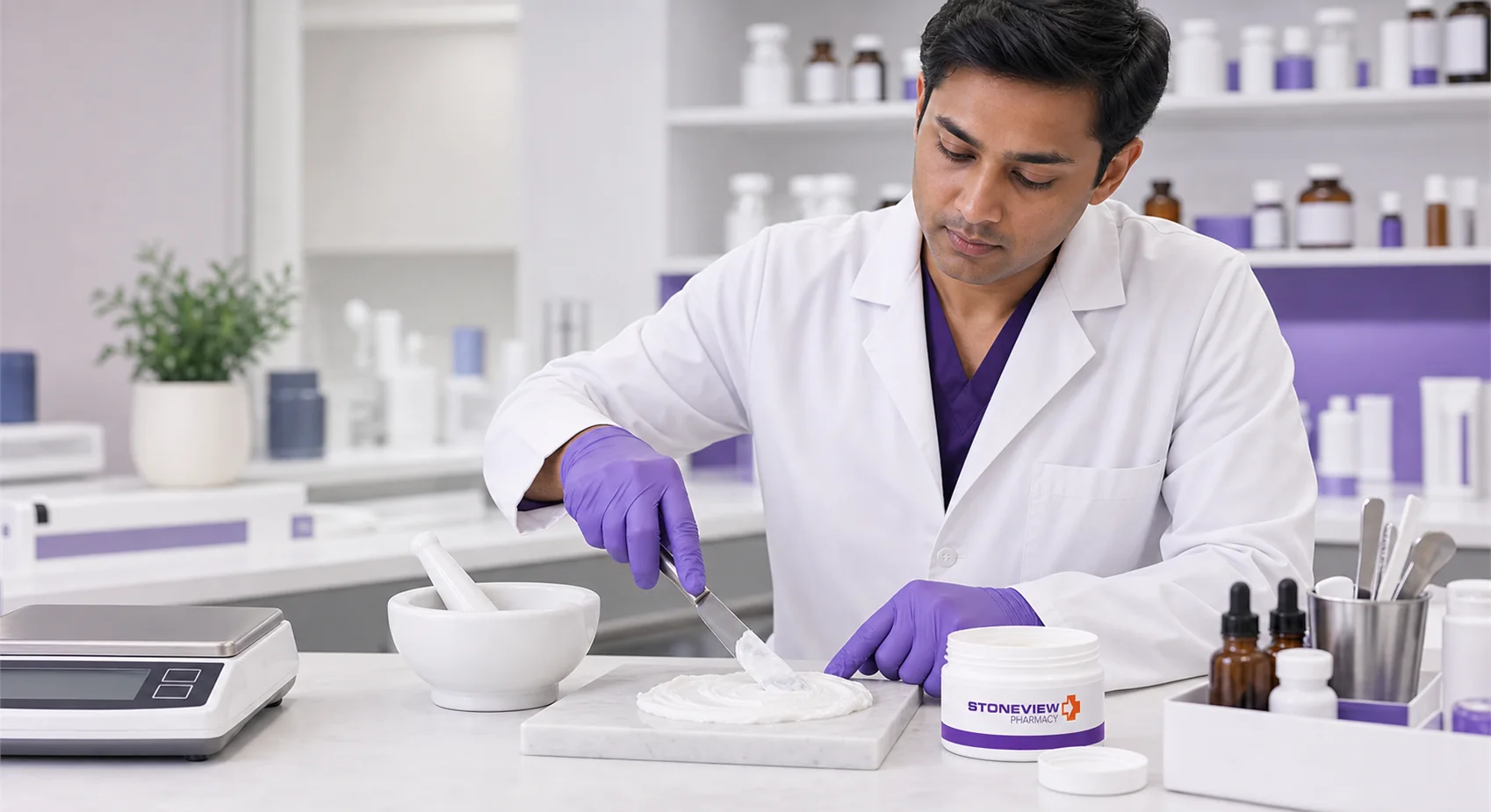 Pharmacist compounding a topical pain base