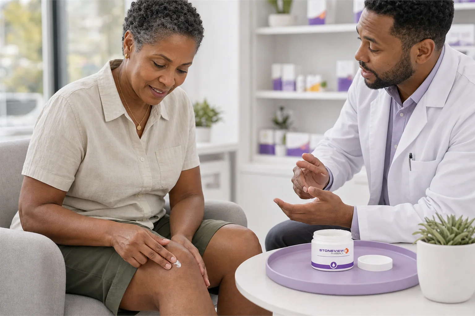Topical pain cream applied near a knee joint