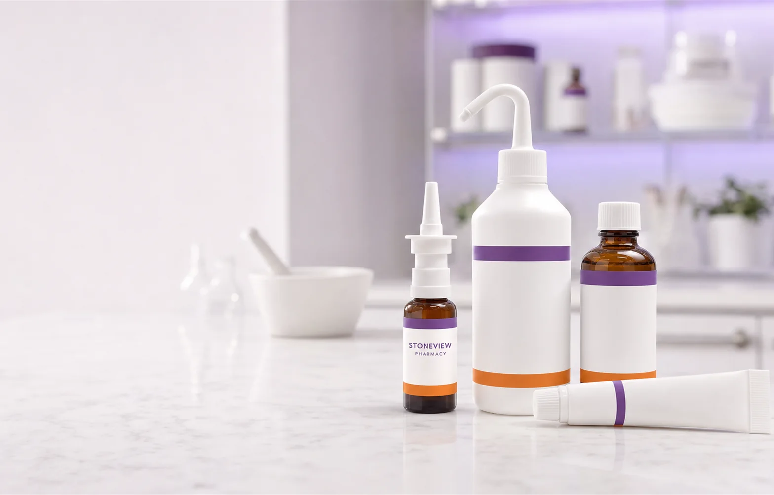 Compounded nasal and sinus medication products on a pharmacy counter