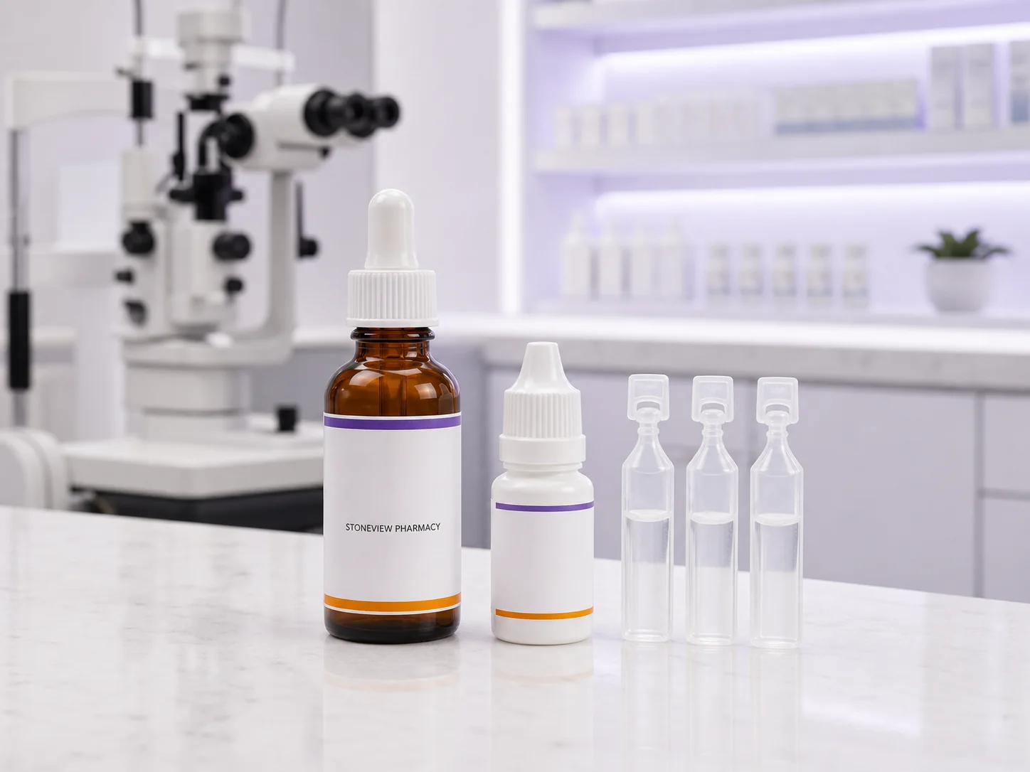 Ophthalmology eye drop bottles and single-use vials on a pharmacy counter