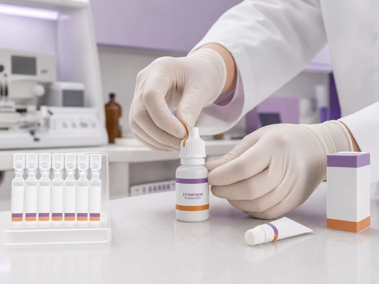 Eye-care medication bottles and vials prepared for ophthalmology support