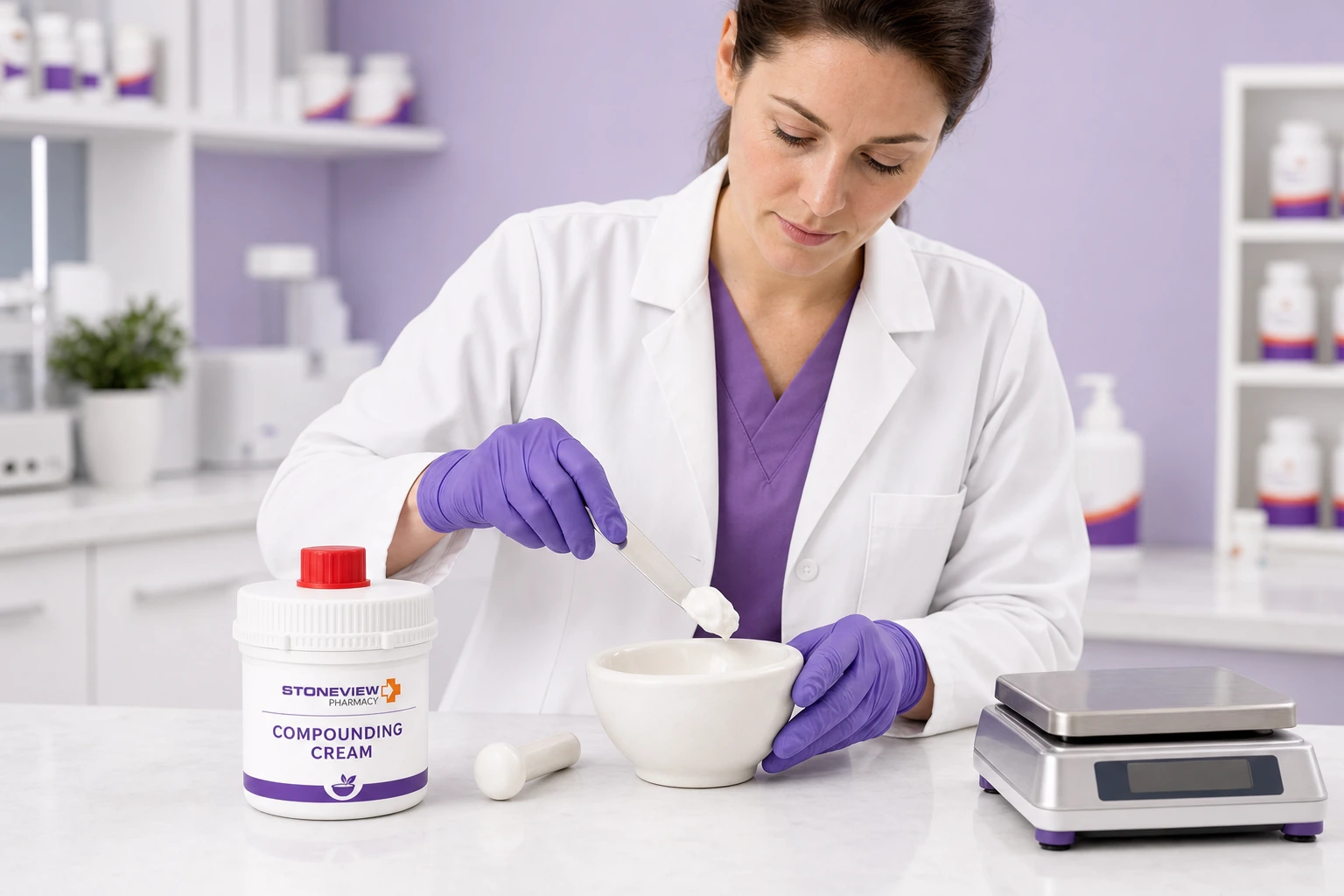 Pharmacist preparing Stoneview branded compounded cream in a clean lab