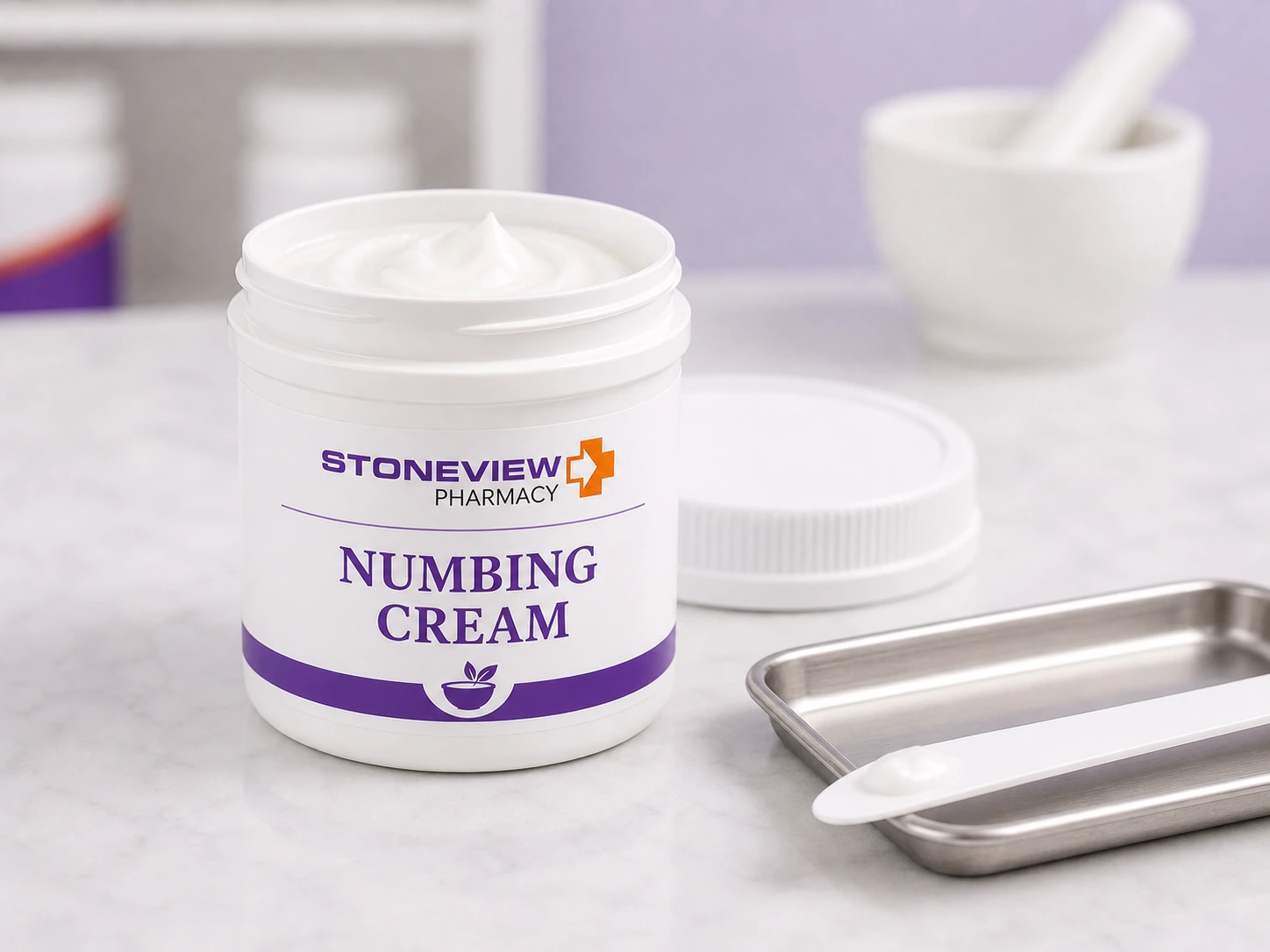 Stoneview branded numbing cream prepared for an office-use inquiry