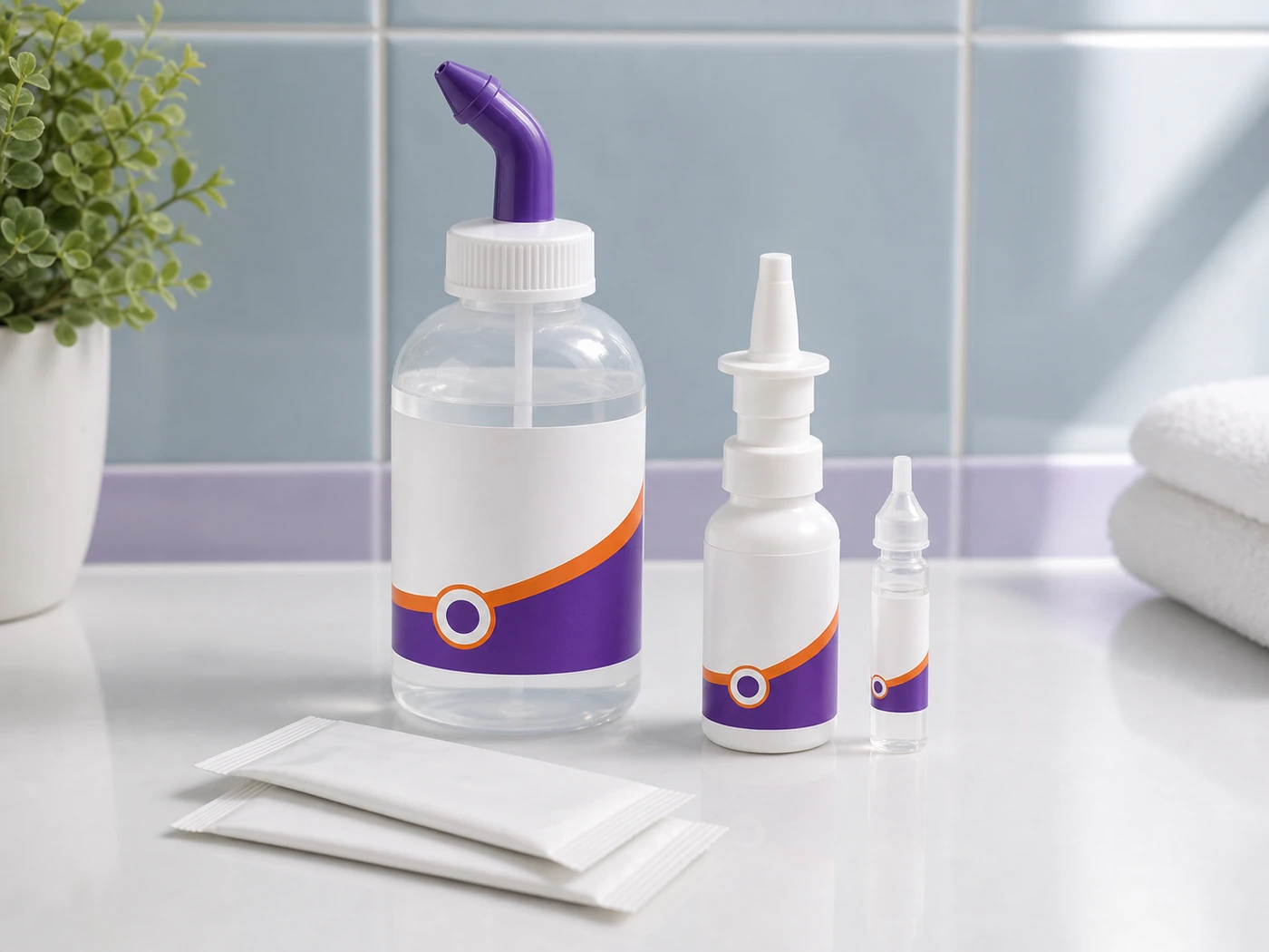 Nasal and sinus medication bottles and rinse supplies