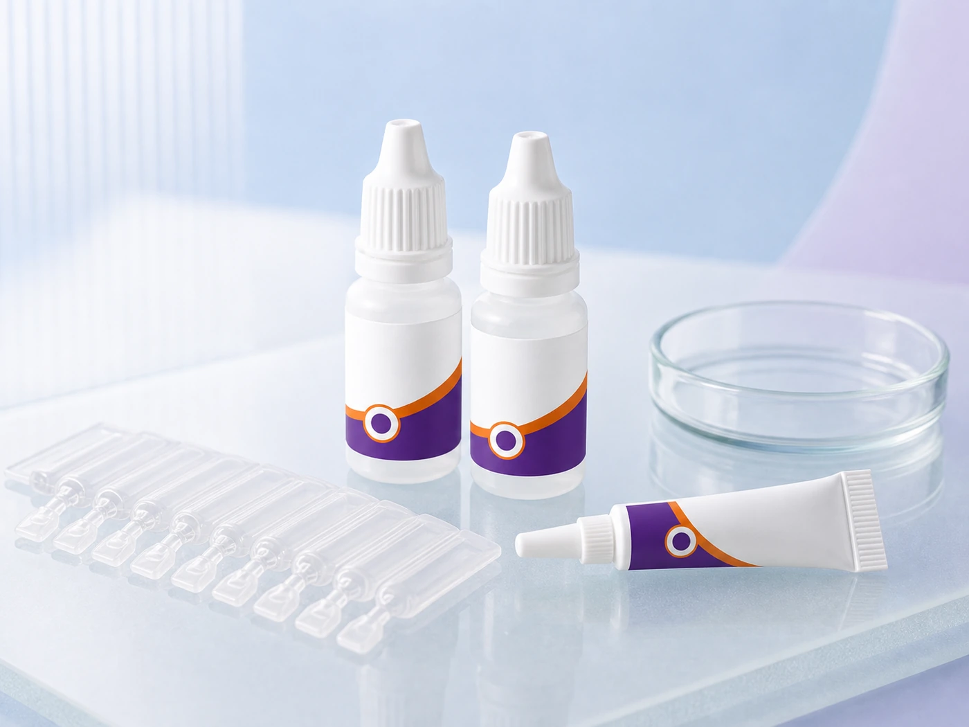Ophthalmology medication bottles and eye-care supplies