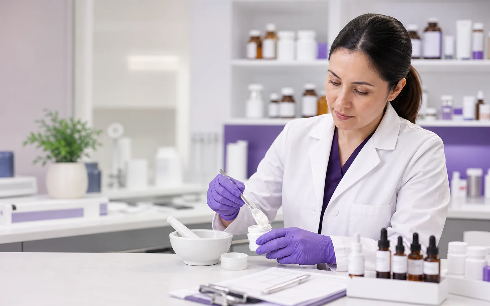 Pharmacist compounding a custom hormone preparation in the lab