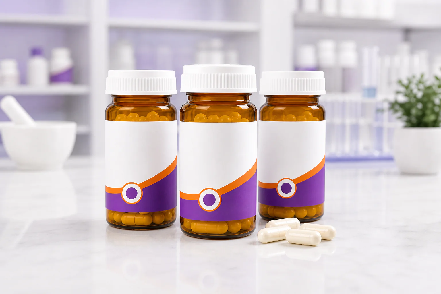 Three amber low dose naltrexone capsule bottles prepared in a compounding pharmacy