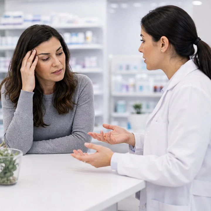 Patient discussing migraine symptoms with a pharmacist
