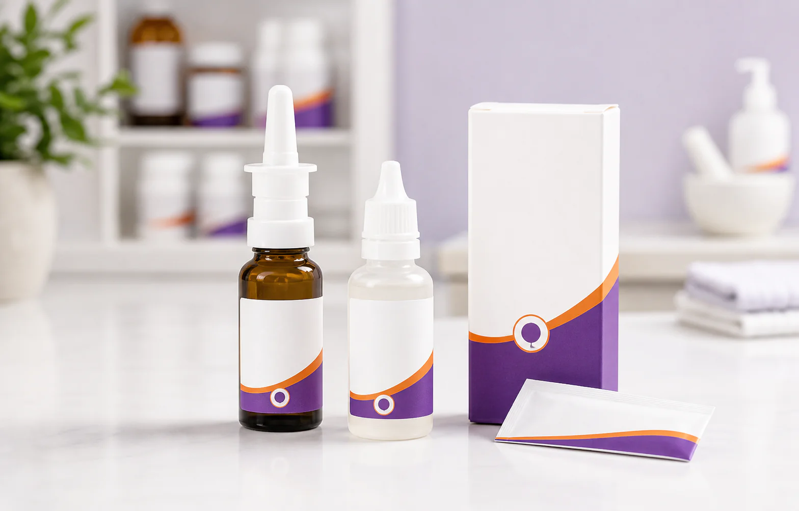 Compounded nasal and sinus medication products on a pharmacy counter