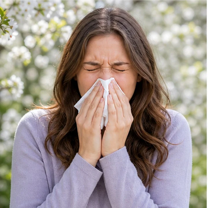 Adult sneezing during a seasonal allergic rhinitis flare