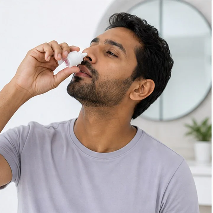 Adult using saline nasal spray for dryness