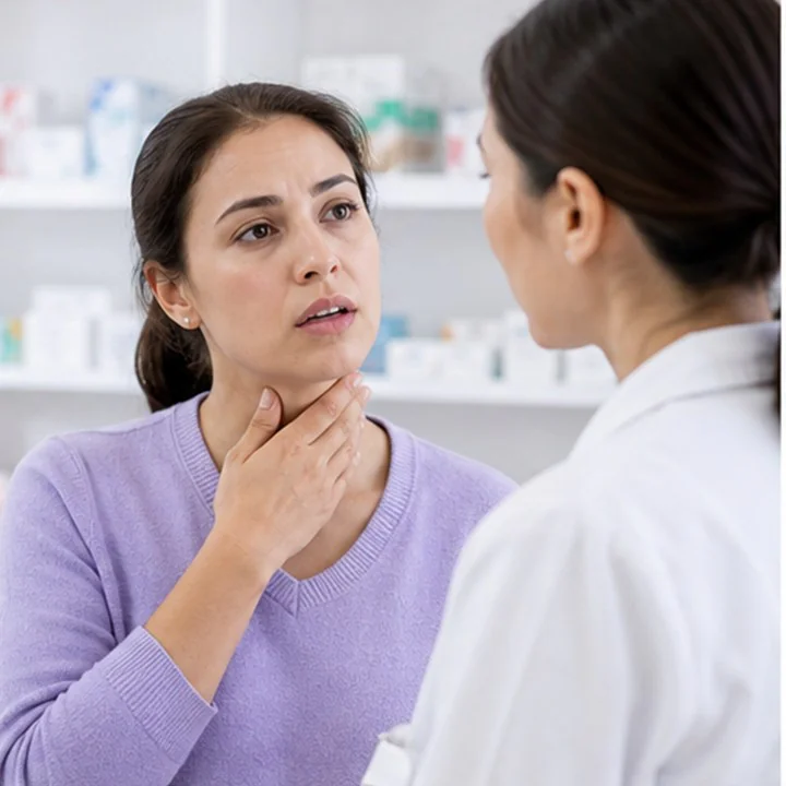 Patient discussing post-nasal drip and throat discomfort