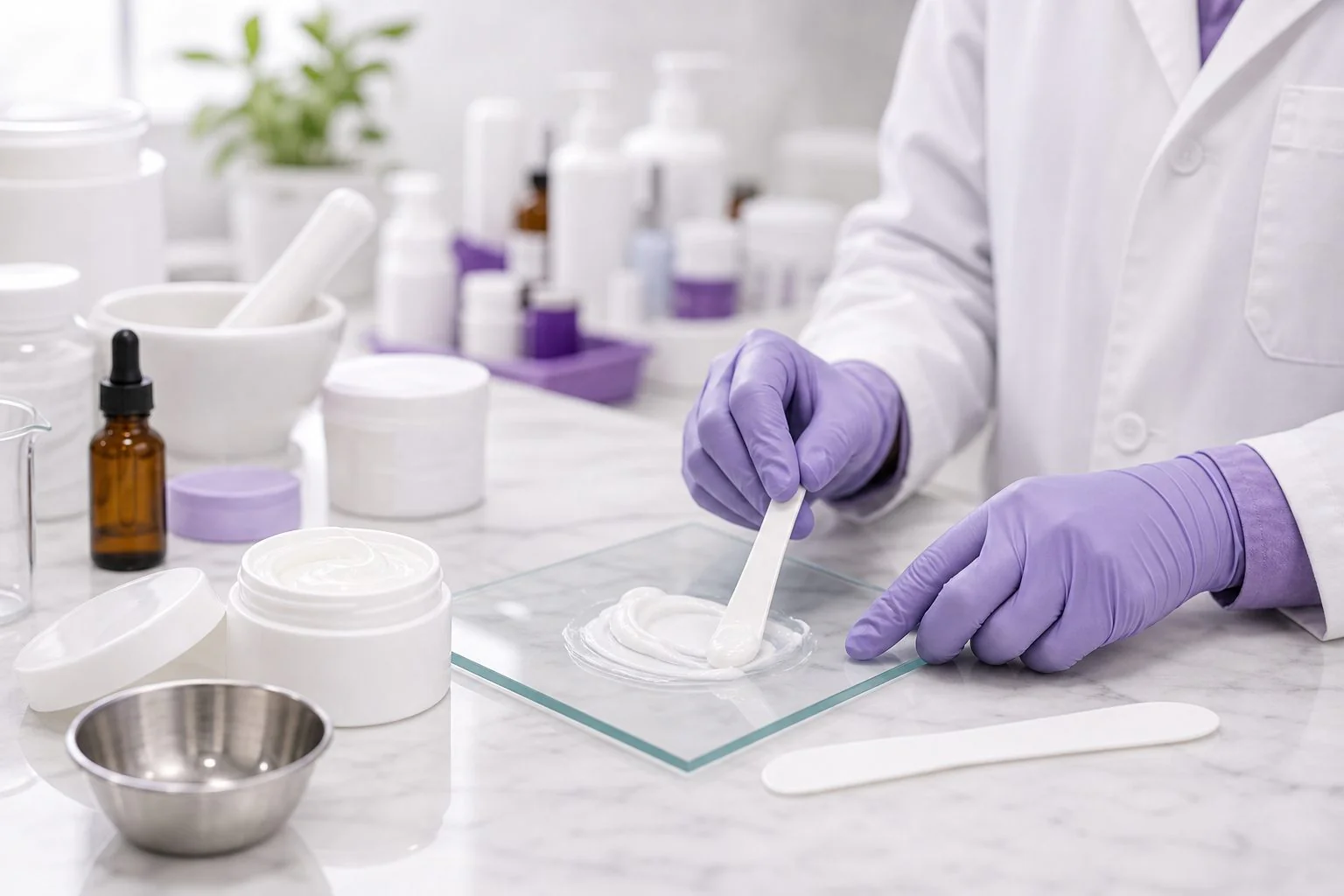 Gloved hands preparing topical pain cream for application