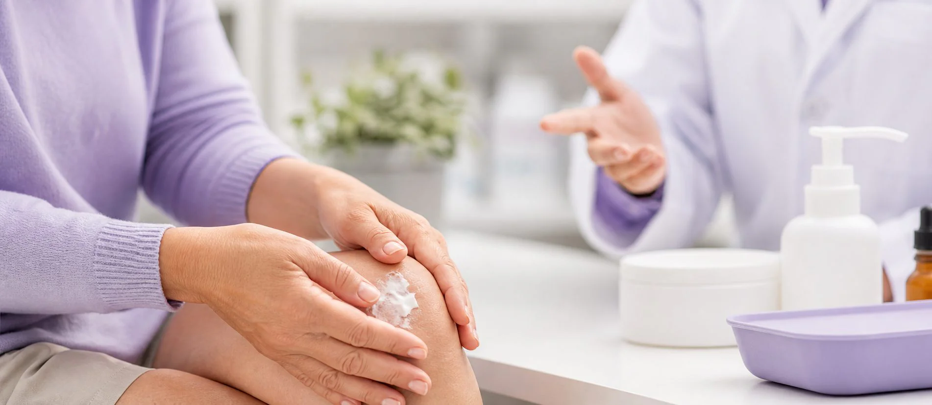 Patient applying a topical compounded pain cream during pharmacy consultation