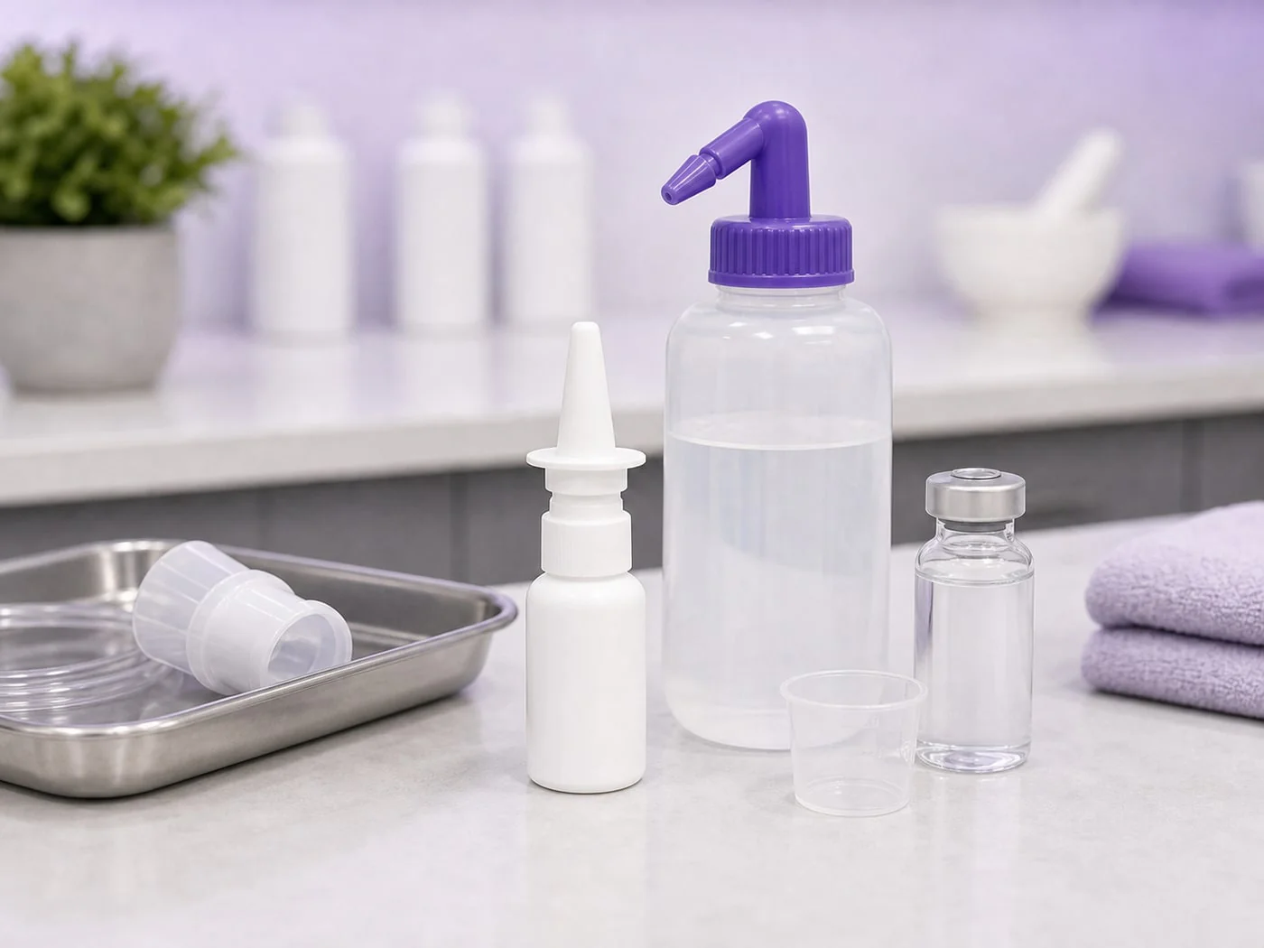 Nasal and sinus medication bottles and rinse supplies