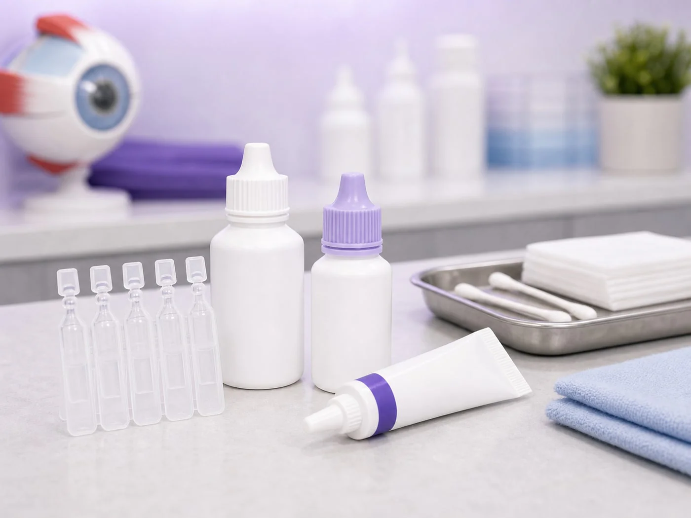 Ophthalmology medication bottles and eye-care supplies